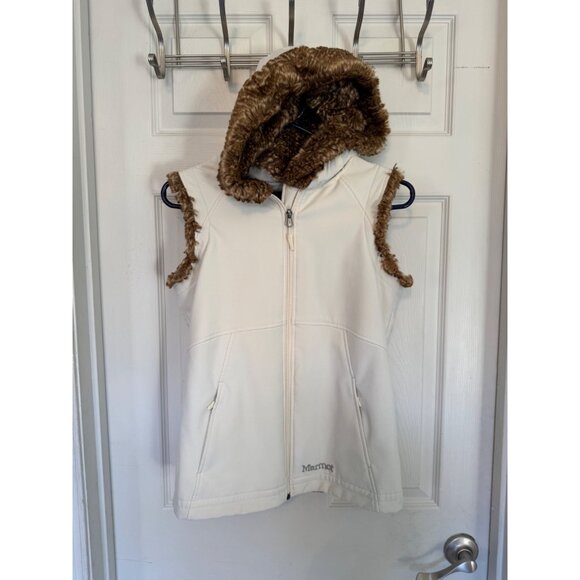 Marmot Fur Lined Hooded Softshell Full Zip Vest Fleece Interior Ivory Cream S ve - Picture 1 of 16